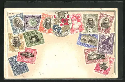 Präge-AK Toga, Briefmarken und Wappen
