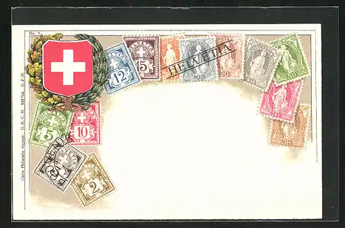 Künstler-AK Schweiz, Briefmarken und Wappen