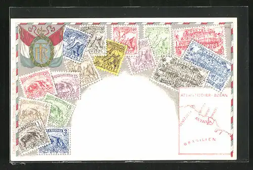Präge-AK Franz. Guyana, Briefmarken & Wappen