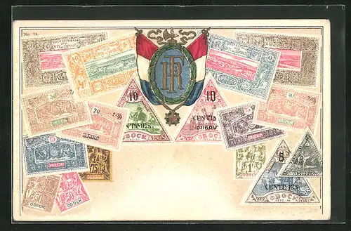 Präge-AK Somalia, Briefmarken und Wappen