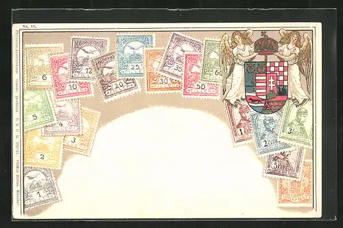 Präge-AK Ungarn, Briefmarken und Wappen