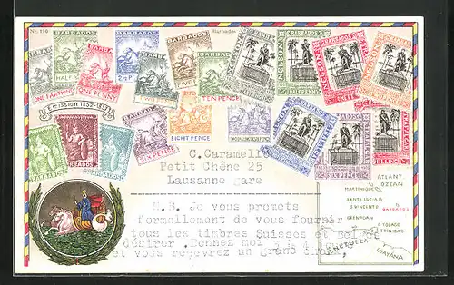Präge-AK Barbados, Briefmarken und Wappen