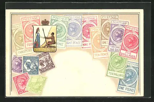 Präge-AK Süd Australien, Briefmarken und Wappen