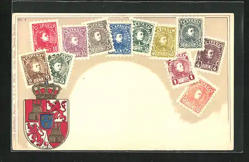Präge-AK Spanien, Briefmarken und Wappen