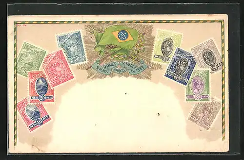 Künstler-AK Brasilien, Briefmarken und Wappen