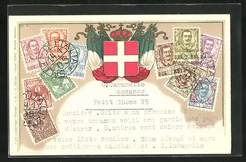 AK Italien, Briefmarken, Wappen und Fahne