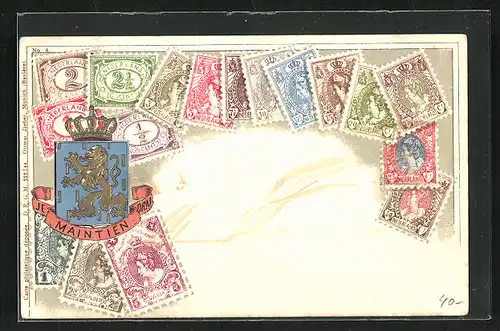 Präge-AK Niederlande, Briefmarken und Wappen