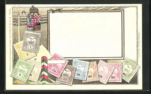 Präge-AK Ungarn, Briefmarken und Wappen