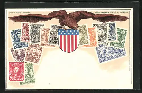 AK USA, Briefmarken, Wappen und Bundesadler
