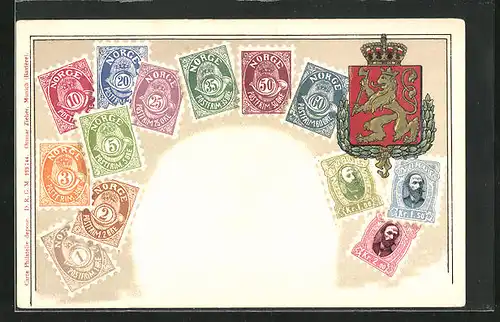 Präge-AK Norge /Norwegen, Briefmarken und Wappen