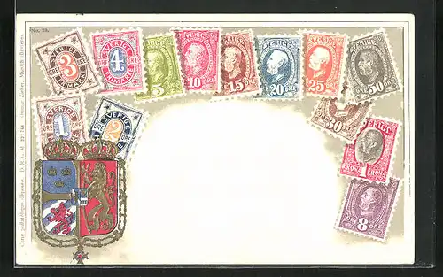Präge-AK Sverige /Schweden, Briefmarken und Wappen