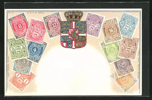 Präge-AK Danmark /Dänemark, Briefmarken und Wappen
