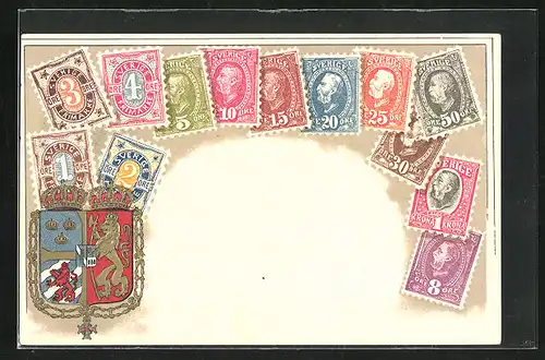 Präge-AK Schweden /Sverige, Wappen und Briefmarken