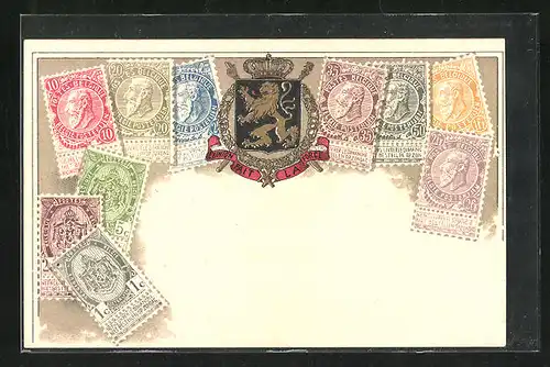 Präge-AK Belgien, Briefmarken und Wappen