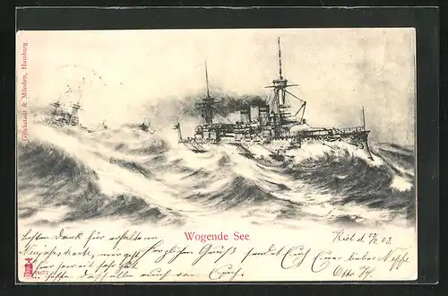 AK Kriegschiff auf stürmischer See