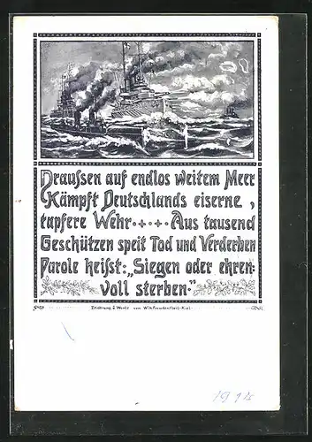 Künstler-AK Kriegsschiffe auf stürmischer See