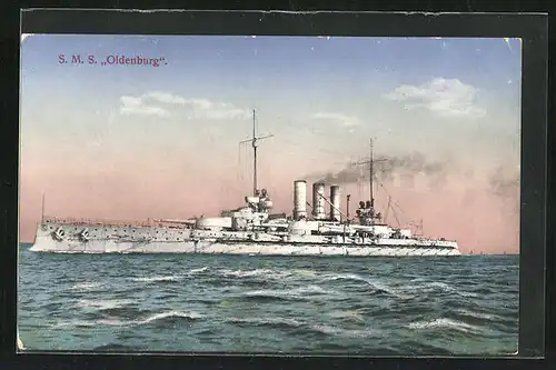 AK Kriegsschiff SMS Oldenburg auf hoher See