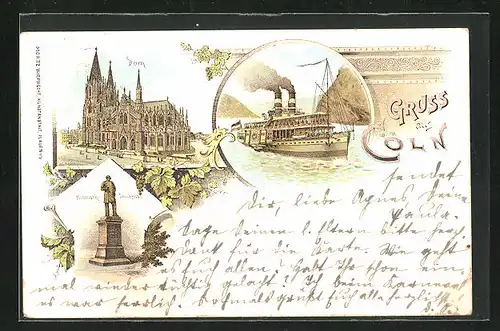 Lithographie Köln a. Rh., Bismarck-Denkmal, Dom, Dampfer