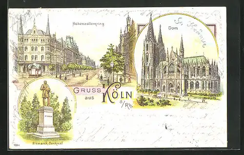 Lithographie Köln a. Rh., Hohenzollernring, Dom, Bismarck-Denkmal