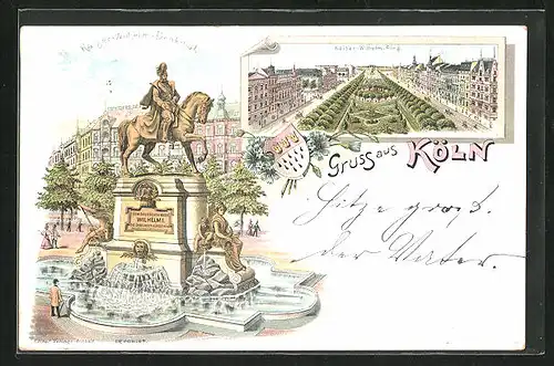 Lithographie Köln-Neustadt, Kaiser-Wilhelm-Denkmal und Kaiser-Wilhelm-Ring