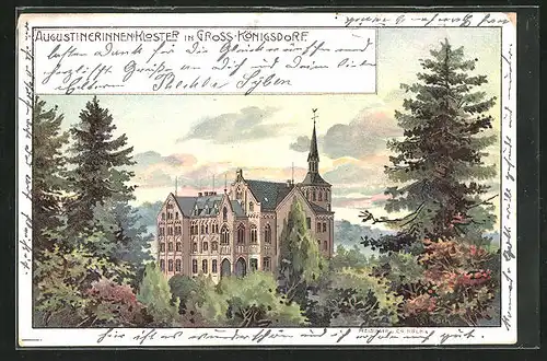 Lithographie Gross-Königsdorf, Augustinerinnenkloster von Wald umgeben