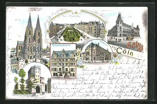 Vorläufer-Lithographie Köln a. Rh., 1895, Stadttheater, Post, Rathaus am Altmarkt