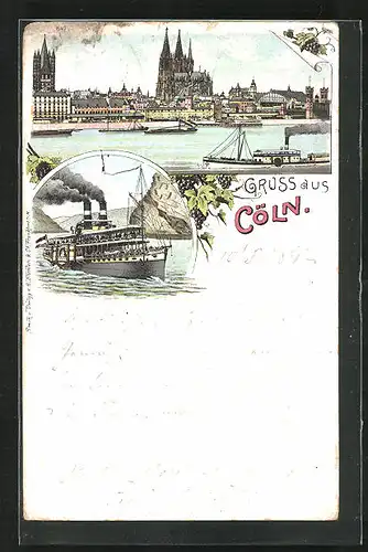 Lithographie Köln a. Rh., Panorama mit Dom, Rheindampfer