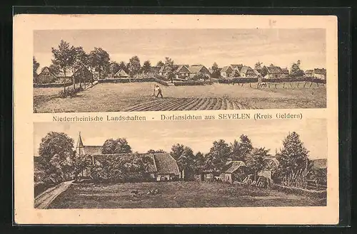 AK Sevelen, Panorama mit Windmühle, Ortspartie mit Kirche