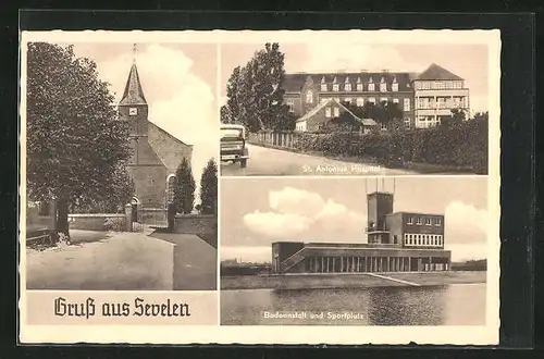 AK Sevelen, Badeanstalt und Sportplatz, St. Antonius Hospital, Kirche