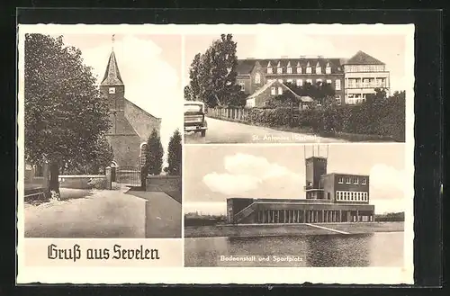 AK Sevelen, Badeanstalt und Sportplatz, St. Antonius Hospital, Kirche
