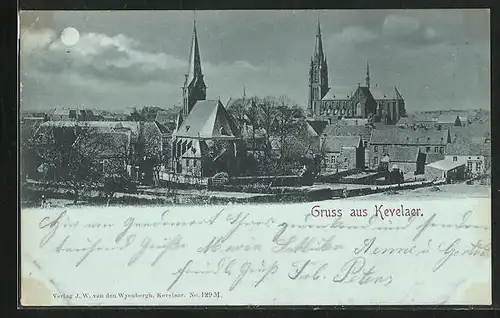 Mondschein-AK Kevelaer, Ortspartie mit Kirchen