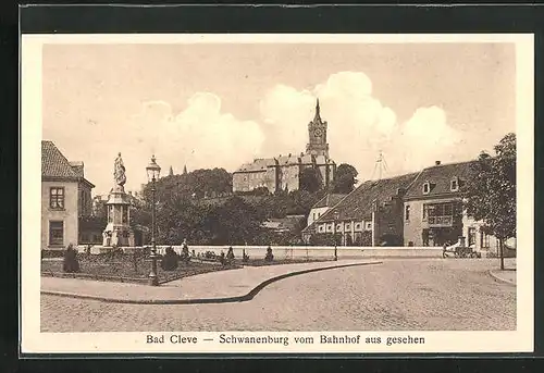 AK Cleve, Schwanenburg vom Bahnhof aus gesehen