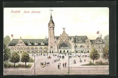 AK Krefeld, Kutschen vor dem Neuen Bahnhof