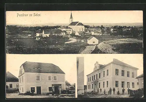 AK Sedlec, Haus mit Geschäft, Ortsansicht mit Kirche