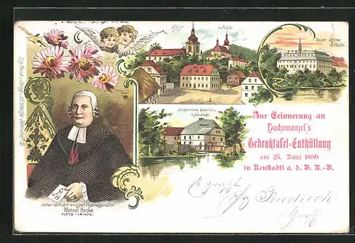 Lithographie Politz, Teilansicht mit Kirche, Kaiserl. Schloss, Wenzel Hockes Geburtshaus in Neustadt