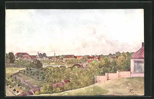 Künstler-AK Hrotovice, Gesamtansicht der Ortschaft