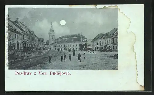 Mondschein-AK Mor. Budejovice, Passenten vor Kirche bei Vollmond