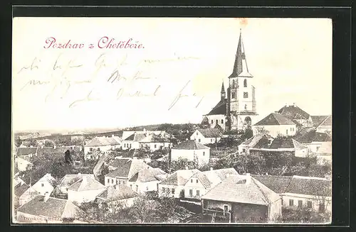 AK Chotebor, Ortspartie mit Kirchturm