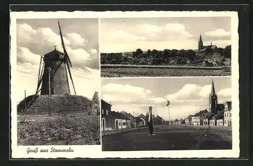 AK Stommeln, Windmühle, Strassenpartie mit Kirche, Panorama