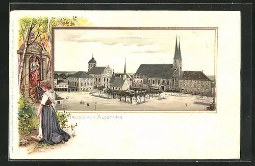 Passepartout-Lithographie Altötting, Marktplatz mit Kirche