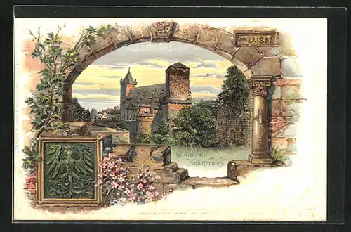 Passepartout-Lithographie Nürnberg, Kaiserstellung im Abendrot, Wappen