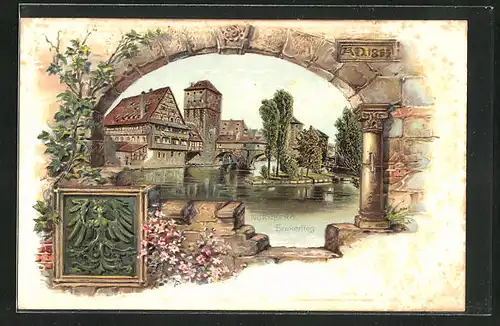 Passepartout-Lithographie Nürnberg, Flusspartie am Henkersteg, Wappen