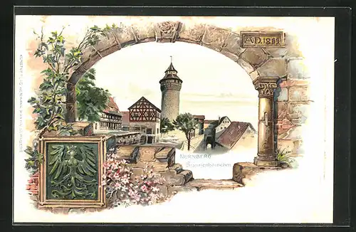 Passepartout-Lithographie Nürnberg, Ortspartie mit Brunnenhäuschen, Wappen