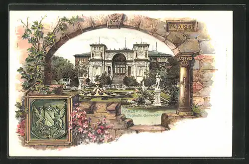 Passepartout-Lithographie Karlsruhe, Festhalle, Gartenseite, Wappen