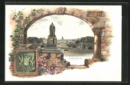Passepartout-Lithographie Karlsruhe, Schloss mit Friedrichs-Denkmal, Wappen