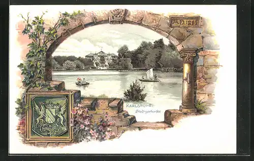 Künstler-Passepartout-Lithographie Karlsruhe, STadtgartensee mit Schloss, Wappen