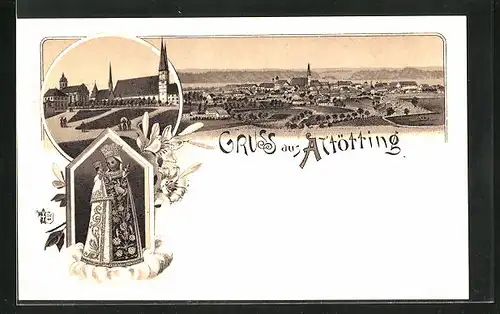Lithographie Altötting, Platz mit Kirche, Panorama