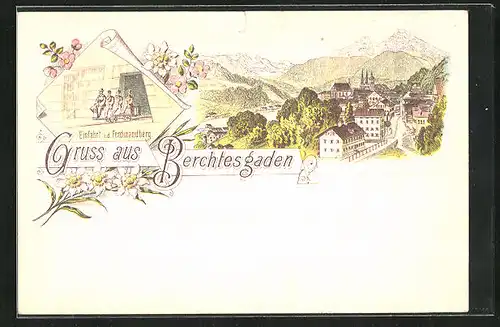 Lithographie Berchtesgaden, Einfahrt i. d. Ferdinandberg, Ortspartie aus der Vogelschau