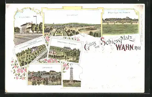 Lithographie Wahn /Rhld., Schiessplatz, Bahnhof, Barackenlager, Dienstgebäude