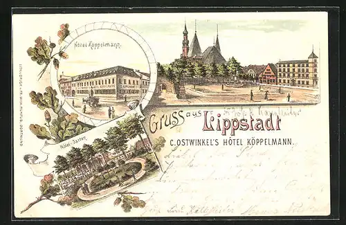 Lithographie Lippstadt, Hotel Köppelmann, Aussenansicht, Garten